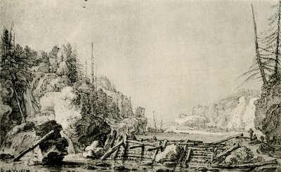 Landskap med en flod mellan bergiga stränder av Simon de Vlieger