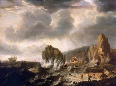 Skeppsbrott på klippig kust. Olja på trä av Simon Jacobsz. Vlieger