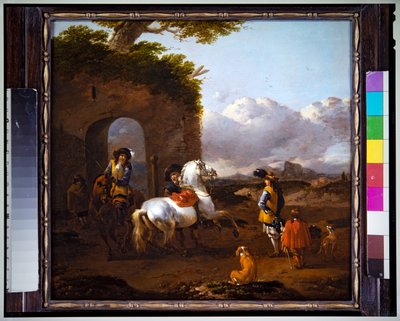 Kavaljerer i ett italienskt landskap (panel) av Simon Johannes van Douw