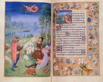 Lägg till 38126 fol.79v-80 Bebådelsen till herdarna, från Huth Hours av Simon Marmion