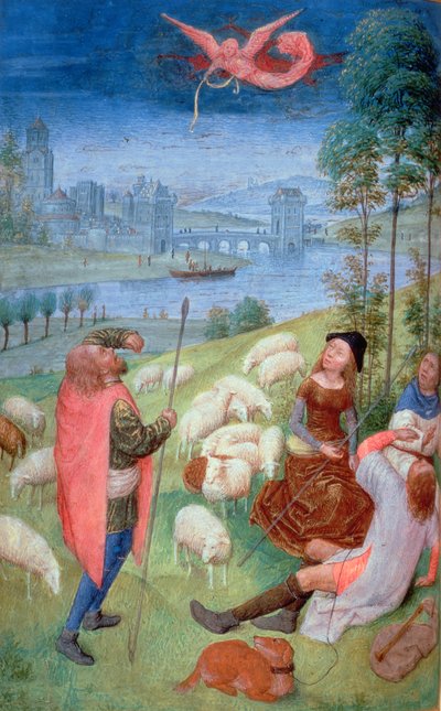 Lägg till 38126 fol.79v-80 Bebådelsen till herdarna, från Huth Hours, 485-90 (vellum)iennes (detaljer från 20281) av Simon Marmion