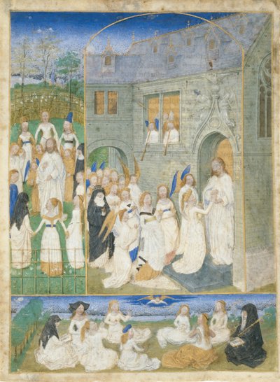 De heliga jungfrurna hälsade av Kristus när de går in i paradisets portar, ca. 1467-70. av Simon Marmion