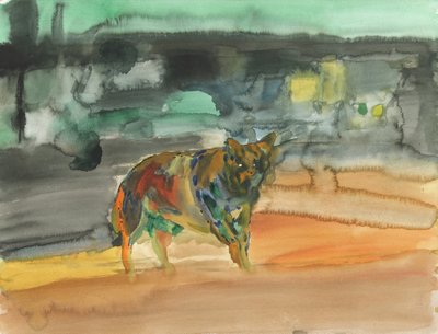 City coyote, 2019 (akvarell  gouache på papper) av Simon Neville