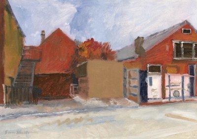 Elnätstation och byggnader, 2023 (olja på pannå) av Simon Neville