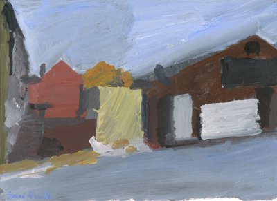 Elnätstation och gamla byggnader nr 2, 2023 (akryl på papper) av Simon Neville