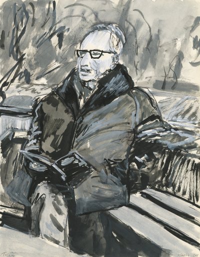Man som läser en bok, 2019 (bläck  akrylfärgspennor på papper) av Simon Neville