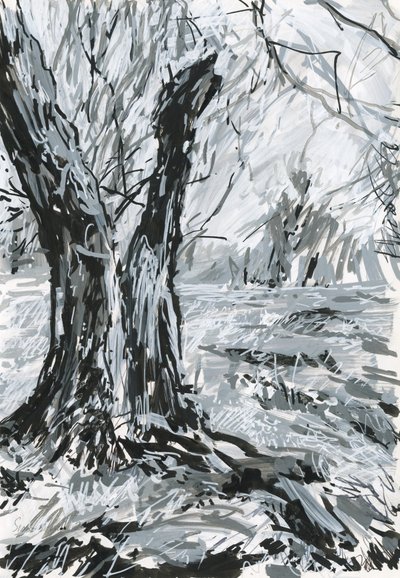 Old tree, Richmond Park (akrylfärgpennor och bläck på papper) av Simon Neville