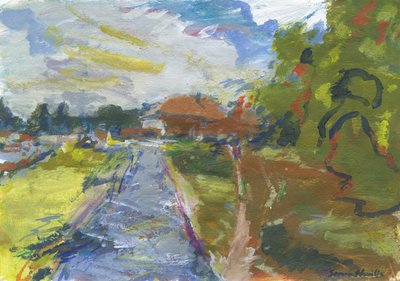 Pavenment  shortcut to houses, 2024 (akryl, akvarell, akvarellpennor  oljepastell på papper) av Simon Neville