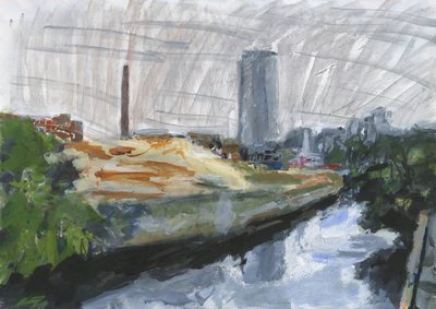 River Wandle and Ram Brewery redevelopment site, Wandsworth, 2025 (akryl, akrylfärgspennor, tuschpennor, oljebaserade tuschpennor och grafit på papper) av Simon Neville