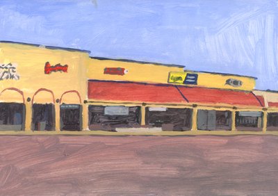 Strip mall 7, 2023 (akryl på papper) av Simon Neville