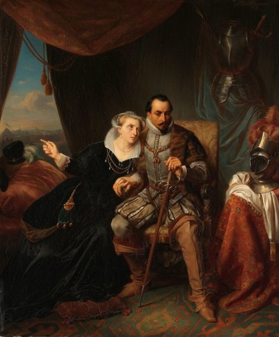 Magdalena Moons ber sin fästman Francisco Valdez att skjuta upp stormningen av Leiden en annan natt, 1574 Scen från åttioåriga kriget av Simon Opzoomer