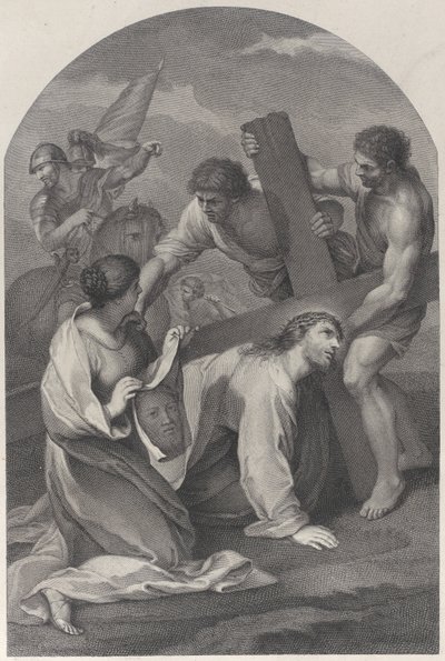 Kristus föll till marken under tyngden av korset, med två män som assisterade och ..., ca. 1729. av Simon Vallee