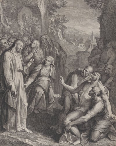 Lasarus uppståndelse, med Kristus stående till vänster, ca. 1729. av Simon Vallee