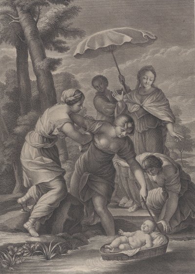 Tre kvinnor drar i korgen med spädbarnet Moses från vattnet, ca. 1729. av Simon Vallee