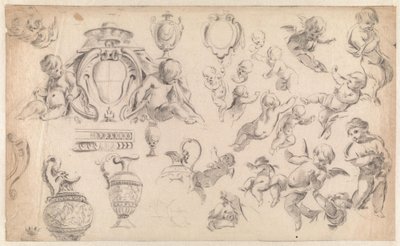 Studie för en dekoration med putti och ornament av Simon Vouet