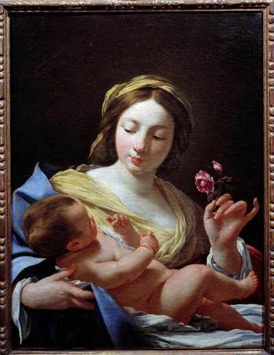 Jungfrun ett barn och en rosmålning av Simon Vouet (1590-1649) 1627 Sön. 0,8x0,62 m Marseille, Musee des Beaux Arts av Simon Vouet