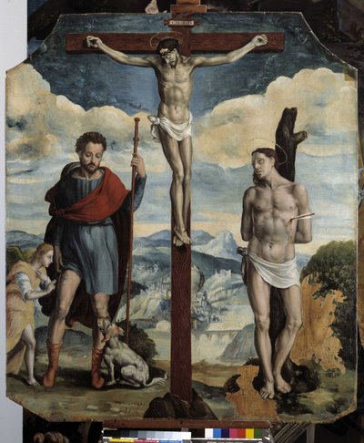Korsfästelse med St. Roch och St. Sebastian (olja på trä) av Simon de Châlons
