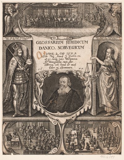 Titelsida med porträtt av C.O. Veile till "Glosarium juridicum Danico - Norvegicum", 1652 av Simon de Pas