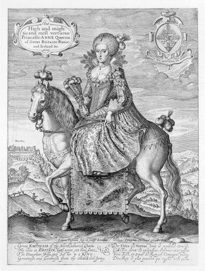 Ryttarporträtt av Anne av Danmark (1574-1619), graverat av konstnären, publicerat av Compton Holland, 1616. av Simon de Passe