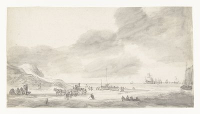 Strandscen med skalfiskare och vandrare av Simon de Vlieger (possibly)