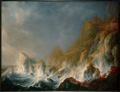 Skeppsbrott i en havsstorm på en stenig kust av Simon de Vlieger
