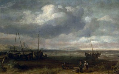Havskusten i Scheveningen med fiskebåtar av Simon de Vlieger