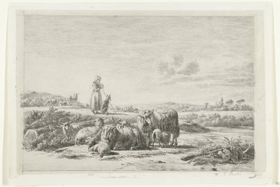 Landskap med en herdinna och hund med en flock får av Simon van den Berg