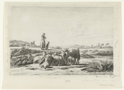 Landskap med en herdinna och hund med en flock får av Simon van den Berg