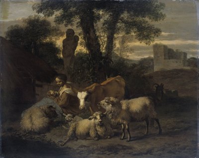 Italienskt landskap med herdinna och flockar av Simon van der Does