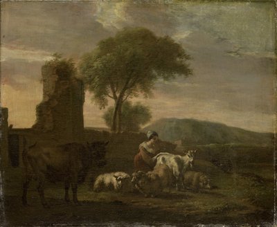 Italienskt landskap med herdinna och flockar av Simon van der Does