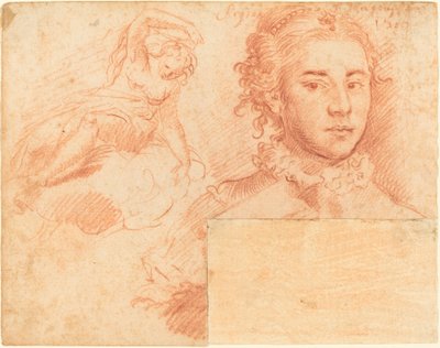 Ett porträtt av en drottning och en studie av en kvinna som sitter på ett moln; verso, sovande figur av Simone Cantarini