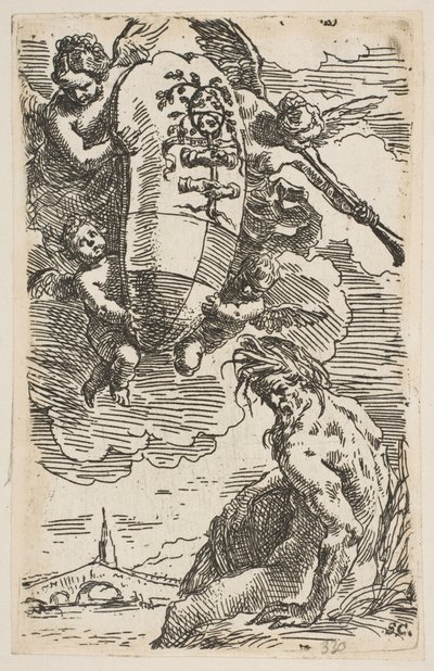 Allegori över Foglia-floden med staden Pesaros vapensköld, frontispice för ..., ca. 1639. av Simone Cantarini