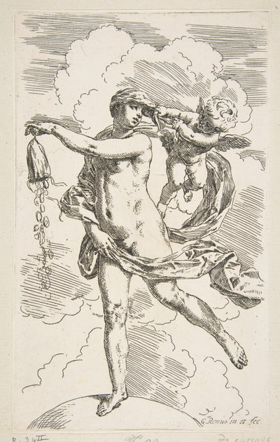 Förmögenhet som står på en jordglob och tömmer en plånbok på mynt, ca. 1635-1636. av Simone Cantarini