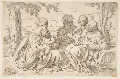 Helig familj med Saint Elizabeth och Saint John the Baptist, ca. 1639. av Simone Cantarini
