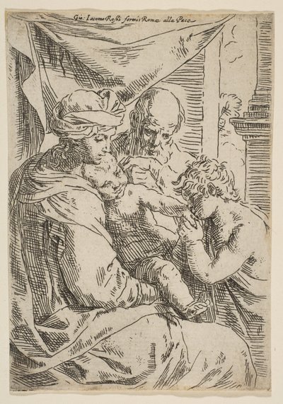 Helig familj med Johannes Döparen som kysser barnets hand, ca.1642. av Simone Cantarini