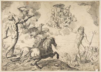 Jupiter, Neptunus och Pluto erbjuder sina kronor till kardinal Borgheses armar, 1642-43. av Simone Cantarini