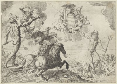 Jupiter, Neptunus och Pluto erbjuder sina kronor till kardinal Scipione Borgheses armar Avhandling Jupiter, Neptunus och Pluto coronas suas offerunt armis (titel på objekt) av Simone Cantarini