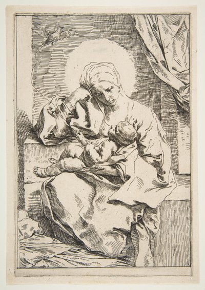 Madonna och barn med en fågel, ca. 1635-1636. av Simone Cantarini