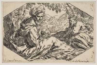 Vila i Egypten, Maria håller och tittar på spädbarnet Kristus medan St. Joseph s..., ca. 1637-1639. av Simone Cantarini