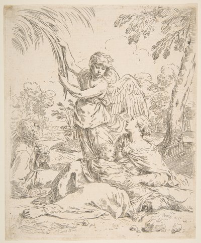 Vila i Egypten, Maria ammar spädbarnet Kristus medan en ängel drar i trädgrenar, ca. 1639. av Simone Cantarini
