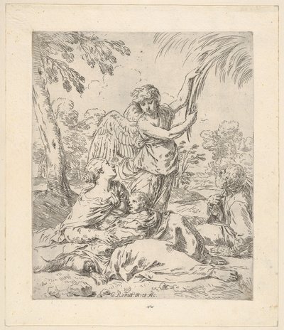 Vila i Egypten, Maria ammar spädbarnet Kristus medan en ängel drar i trädgrenen..., ca 1630-1648. av Simone Cantarini