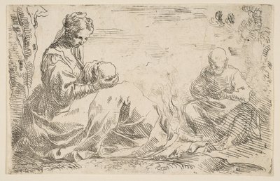 Vila på flyget till Egypten, Maria håller och tittar på spädbarnet Kristus medan St...., ca. 1637. av Simone Cantarini