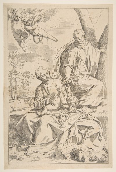 Vila på flykten till Egypten, Maria håller i spädbarnet Kristus medan St. Josef ger h..., ca. 1639. av Simone Cantarini