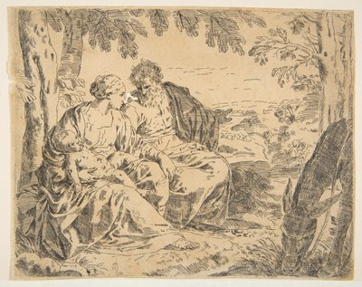 Vila på flykten till Egypten, Maria håller spädbarnet Kristus medan St ..., ca. 1637-1639 eller senare. av Simone Cantarini
