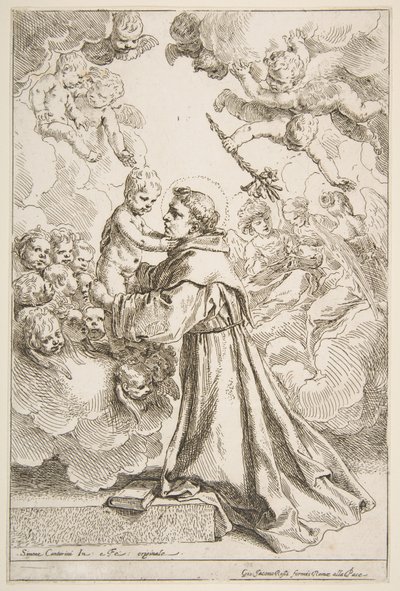 Sankt Antonius av Padua tillber Kristusbarnet i härlighet av Simone Cantarini