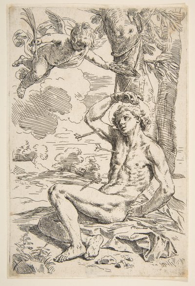 Saint Sebastian genomborrad med pilar och bunden till ett träd, ca. 1639. av Simone Cantarini