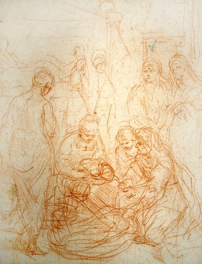 Jungfruns födelse (rödkrita på papper) av Simone Cantarini