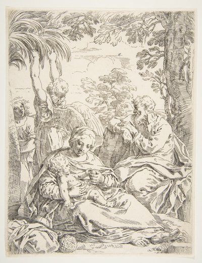 Den heliga familjen vilar på sin flykt till Egypten, ca. 1637-1639. av Simone Cantarini