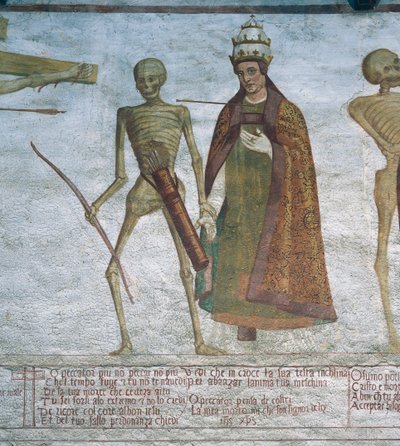 Döden ber påven att dansa, detalj från Dödsdansen av Simone II Baschenis