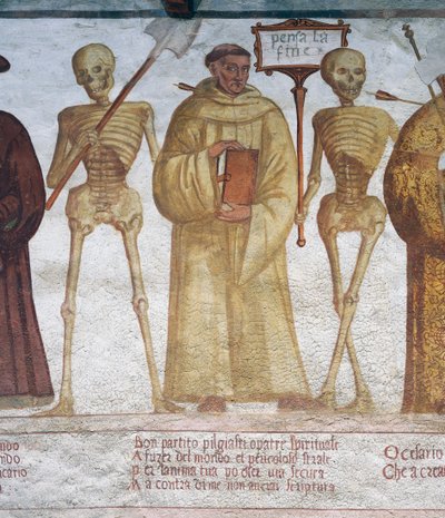 Döden med munken och kejsaren, detalj från Dödsdansen av Simone II Baschenis